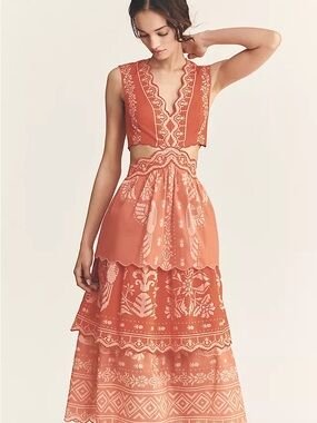 FARM Rio Coral Embroidered Cutout Midi Dress